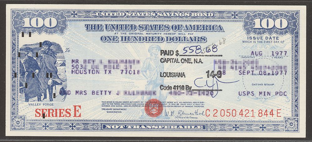 United States Savings Bond, Series E, 08/1977 $100 Valley Forge